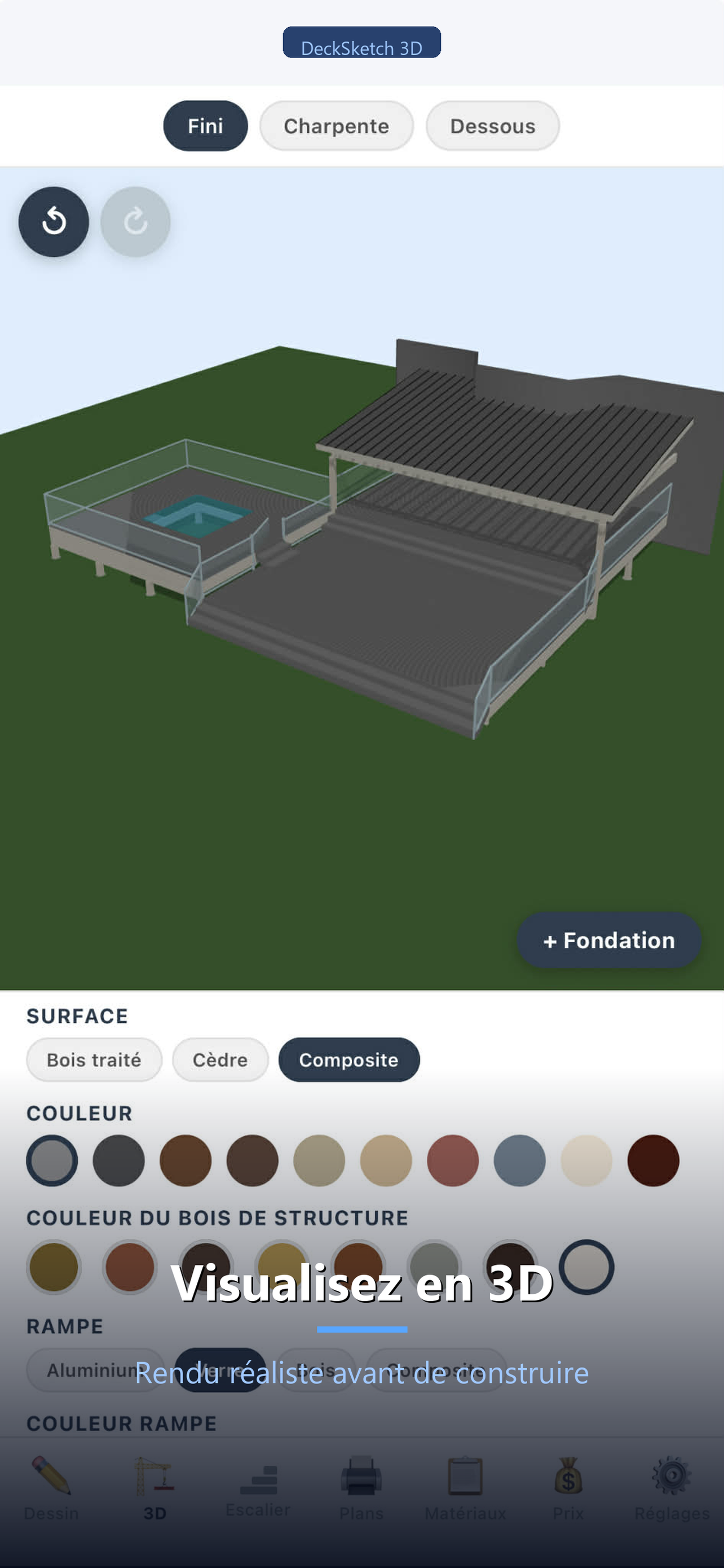 DeckSketch 3D - Vue 3D réaliste du balcon
