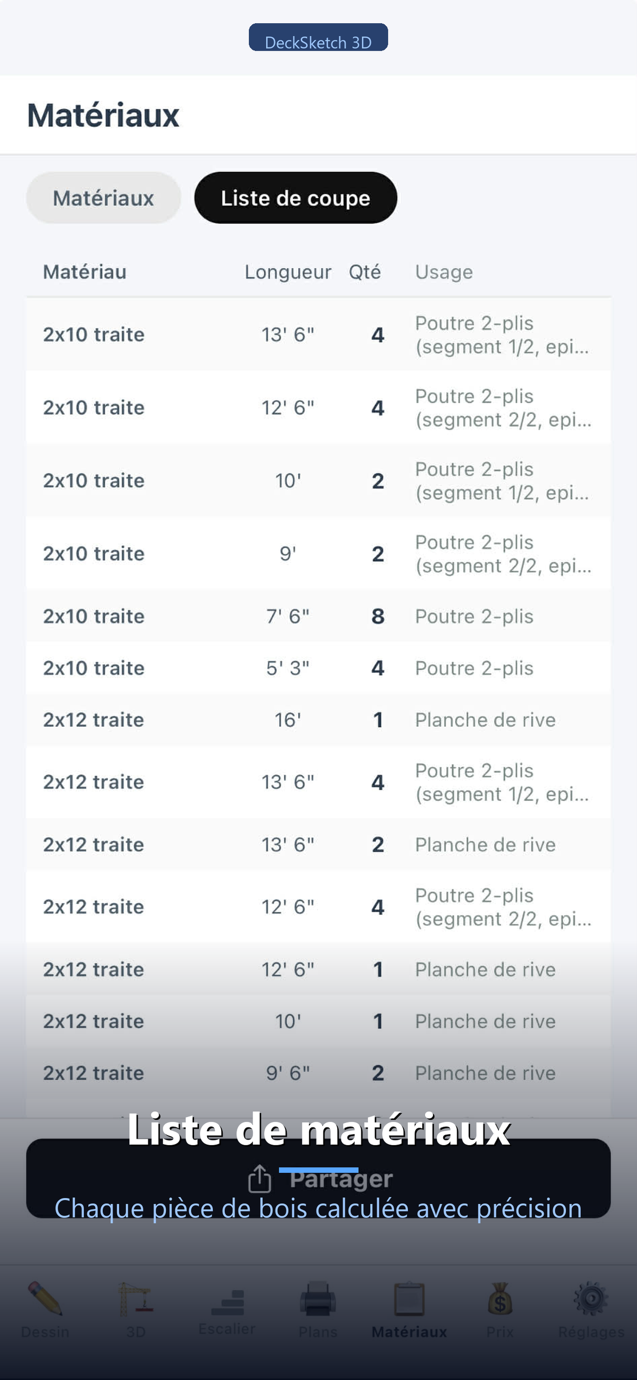 DeckSketch 3D - Liste de matériaux