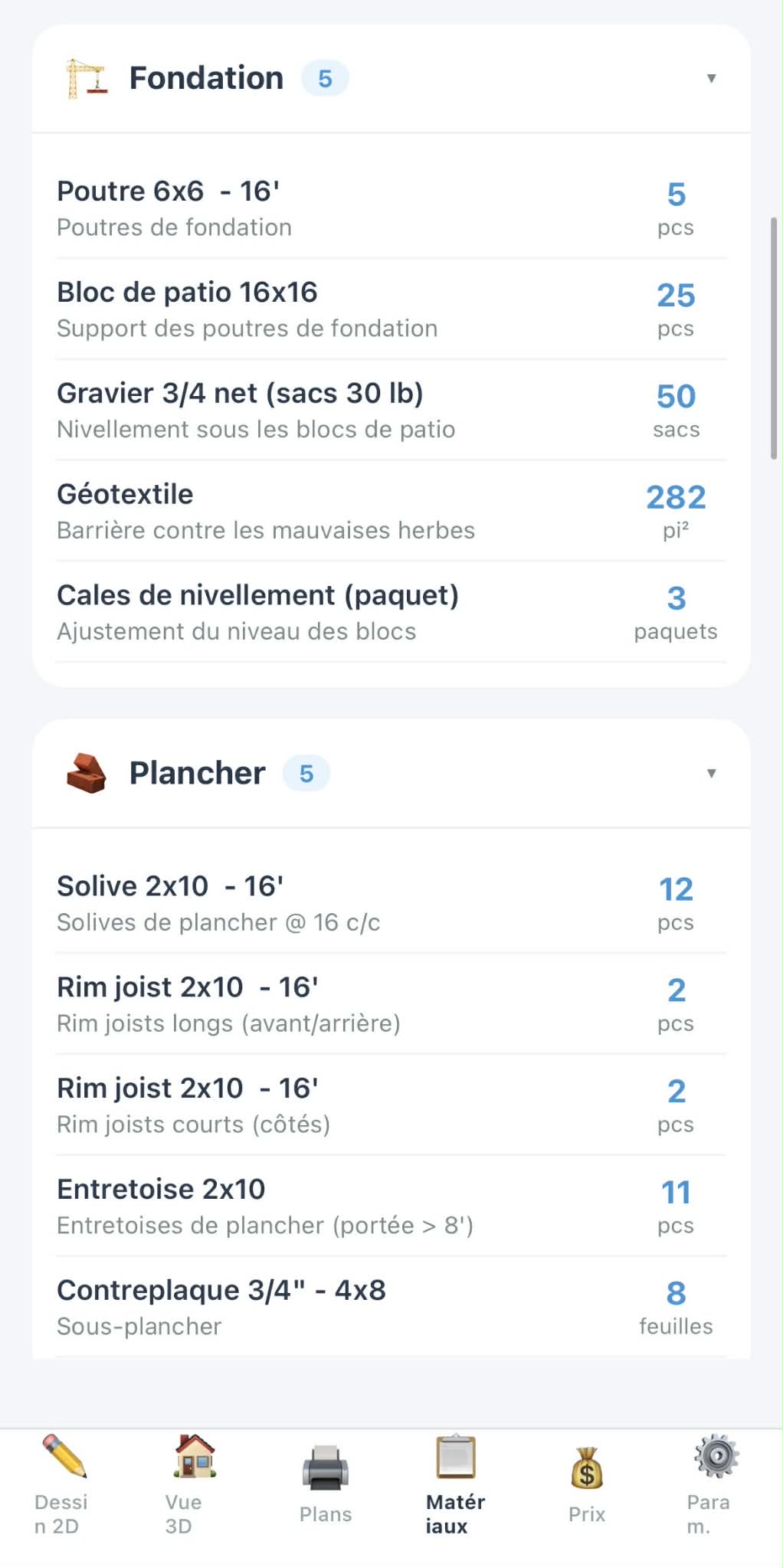 Liste des matériaux